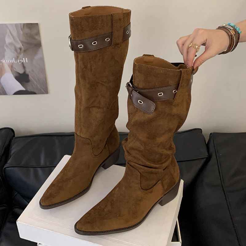 Western Cowboy Mid-calf Thick Heel Pointed Toe High Fold Stack Boots