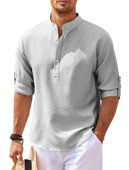 Men's Long Sleeve Stand Collar Shirt - Solid Color Casual Button-Up