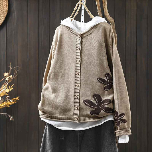 Women's Loose Retro Flower Contrasting Cotton Knit Cardigan