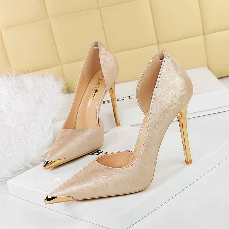 Satin Metal Pointed High Heel Thin Heel Shallow Single Shoes