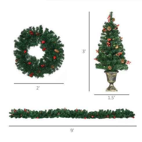 HOMCOM Prelit Holiday Christmas 4-Piece Set - Garland Wreath & 2 Entrance Trees - DropOnline.co