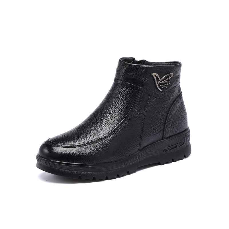 Women's Flat Bottomed Anti Slip Leather Wool Short Boots