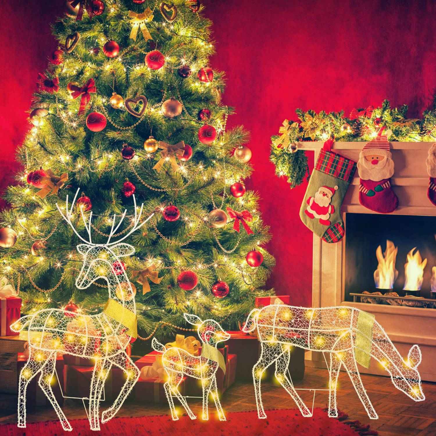 3 Sets Reindeer Family Lighted 2D Christmas Deer - Buck Doe Fawn Indoor Outdoor - DropOnline.co