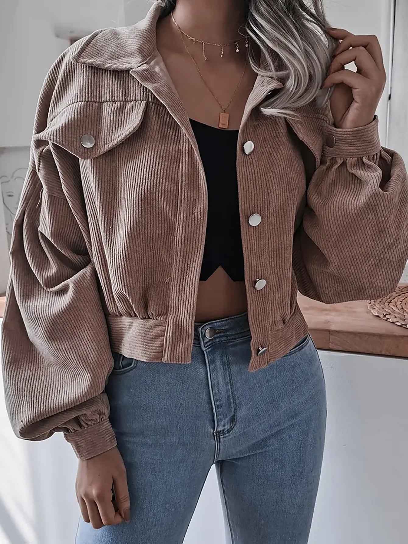Lantern Sleeve Corduroy Casual Short Jacket