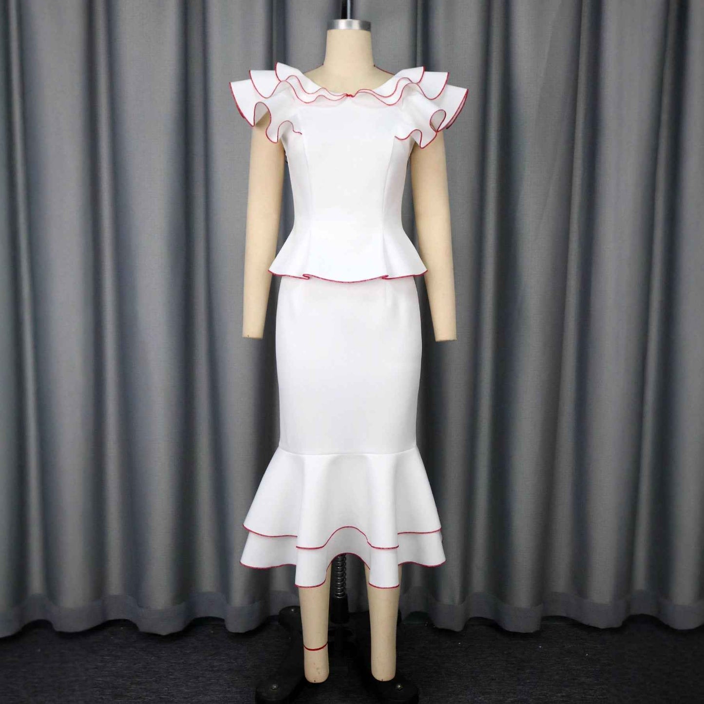 Women's Ruffled Contrast Color Top Temperament Slim Fishtail Skirt Suit