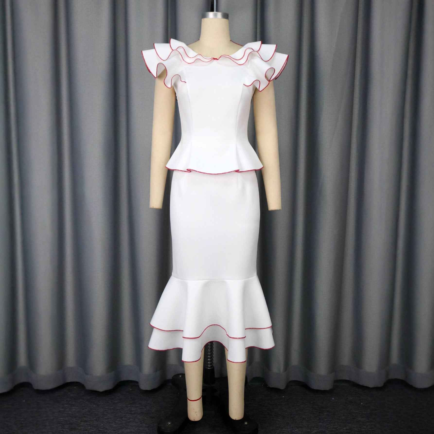 Women's Ruffled Contrast Color Top Temperament Slim Fishtail Skirt Suit