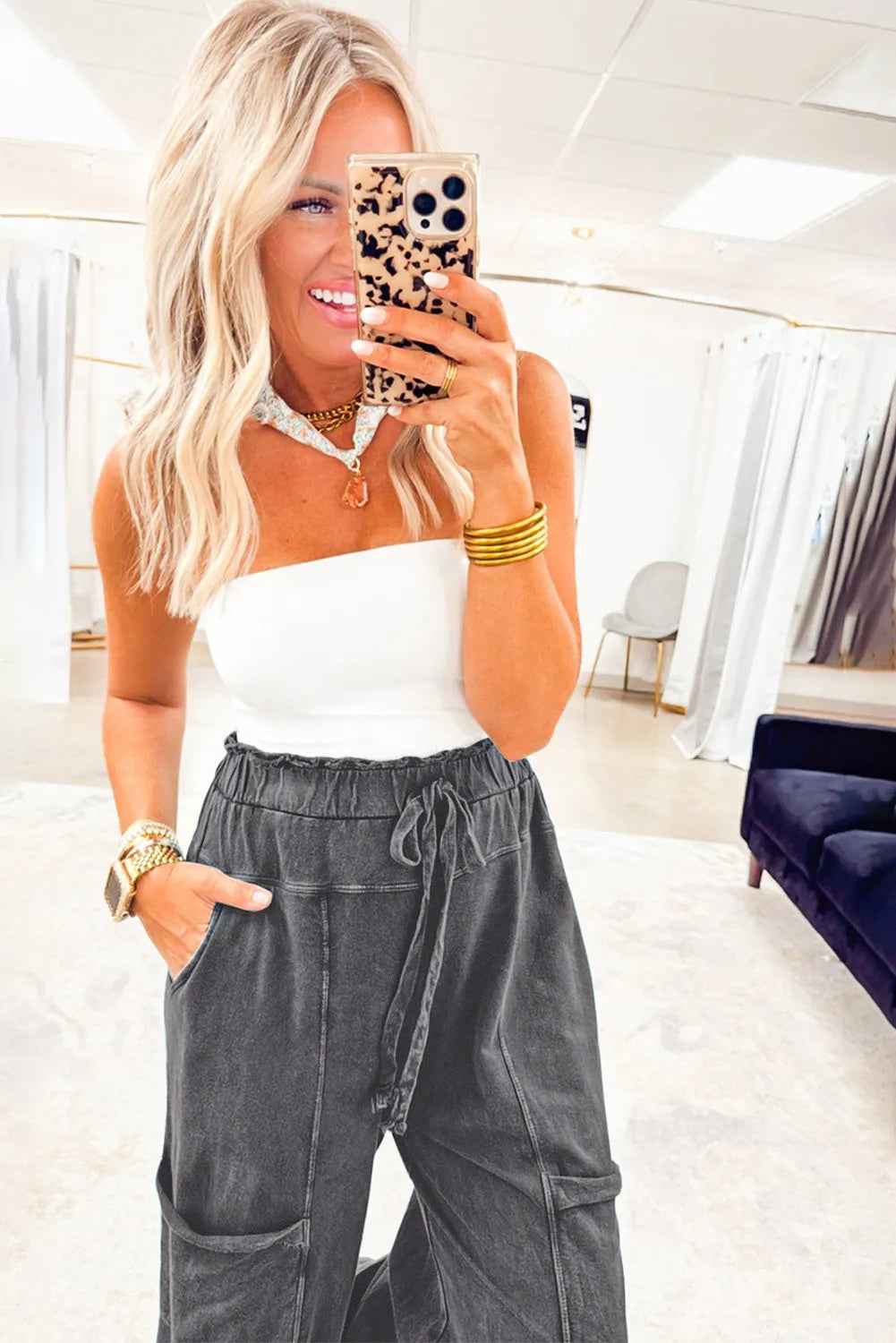 Medium Grey Mineral Wash Lace-up High Waist Raw Hem Patched Pocket Pants