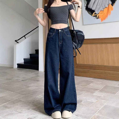 Dark Blue Dad Waist Slimming Wide-leg Pants For Outerwear