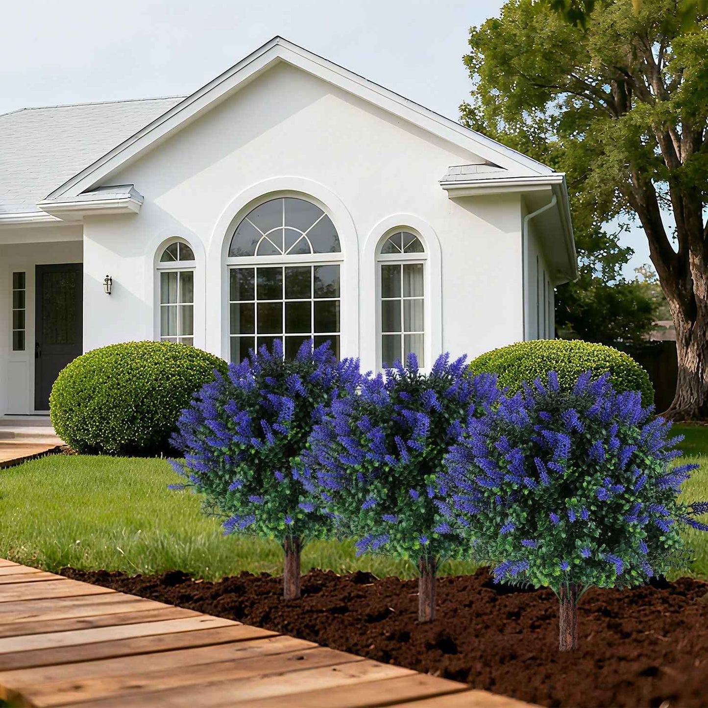 2 Packs Artificial Lavender Topiary Ball Trees - UV Resistant with Ground Spike - DropOnline.co