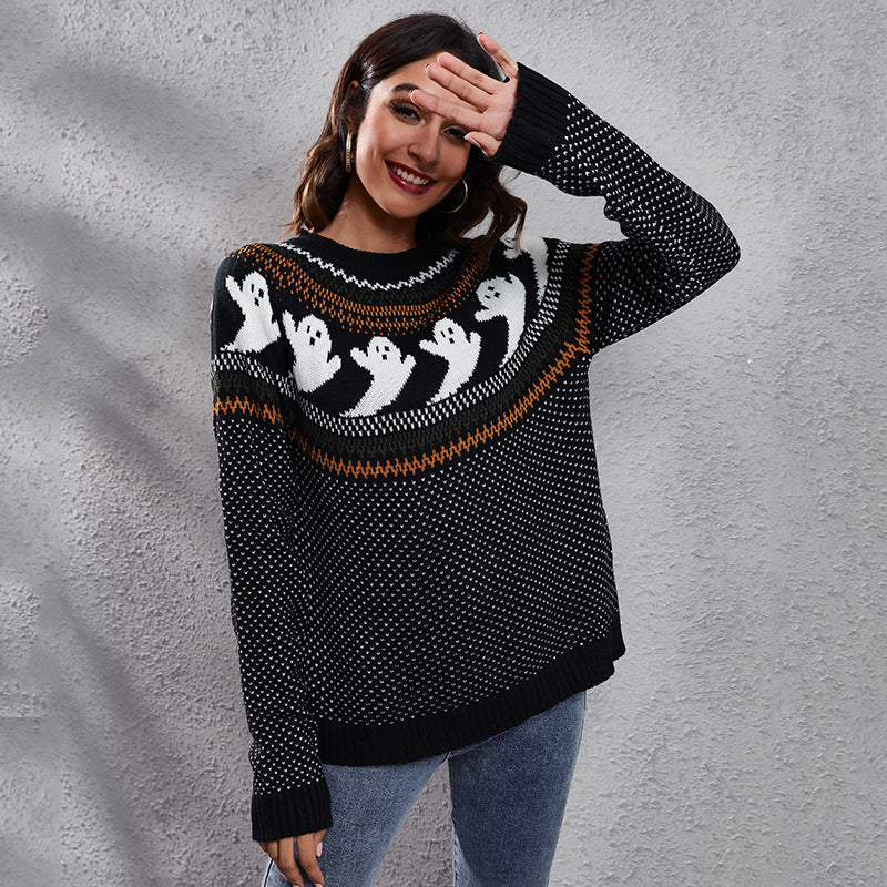 Halloween Ghost Polka Dot Sweater - Women's Loose Knitted Top