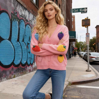 Women's Strawberry Jacquard Cardigan Sweater