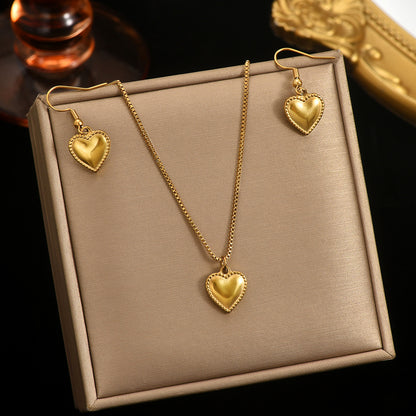 Lxalry 18K Gold Plated Stainless Steel Puffy Heart Pendant Necklace And Earrings Set For Women - Waterproof, Hypoallergenic, Cute Jewelry Gift For Birthday, Anniversary, Daily Wear, Summer Outfits - DropOnline.co