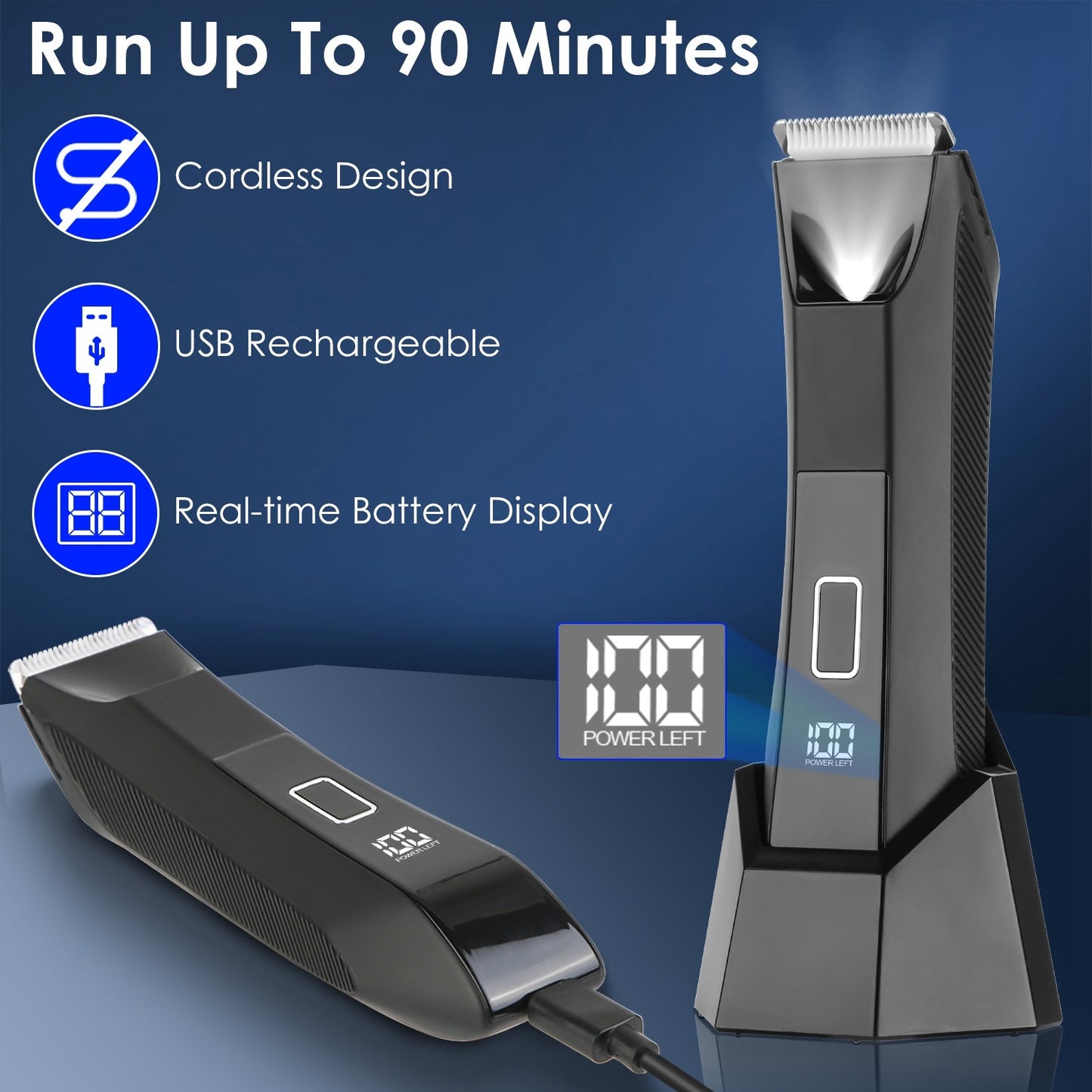 1Pc 2 In 1 Electric Body Trimmer For Men Cordless Beard Groin Ball Pubic Hair Shaver IPX7 Waterproof Razor With LED Light LCD Display Guard Comb Shaving Head