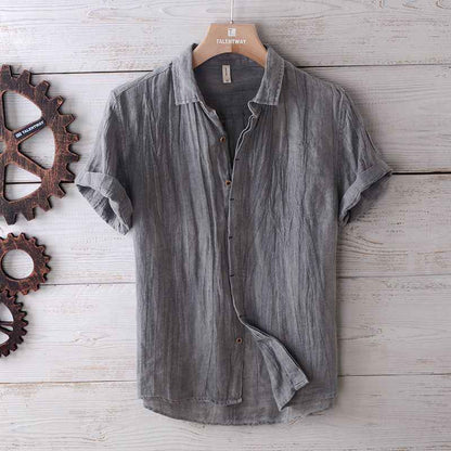 Men's Solid Color Retro Distressed Linen Shirt - Fashion Casual Button-Up