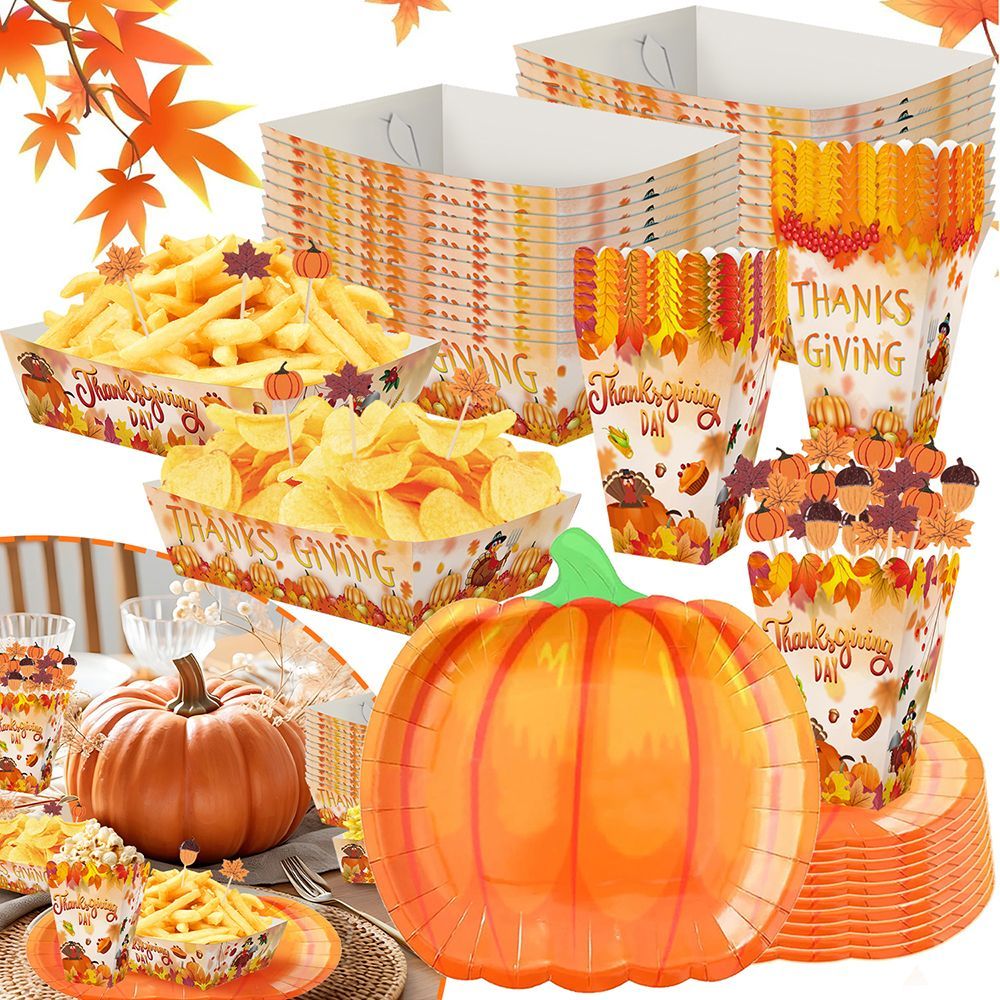 134 Pcs Thanksgiving Party Tableware Set - Pumpkin Plates, Popcorn Boxes & Fall Cocktail Picks