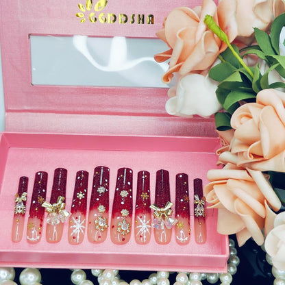 GGddsha Long Handmade PMMA Acrylic Nails Red WithSnowflake Rhinestone Bell Design Reusable Full CoverageFalse Nail Ladies False Nail Set,Lumiere Neige - DropOnline.co