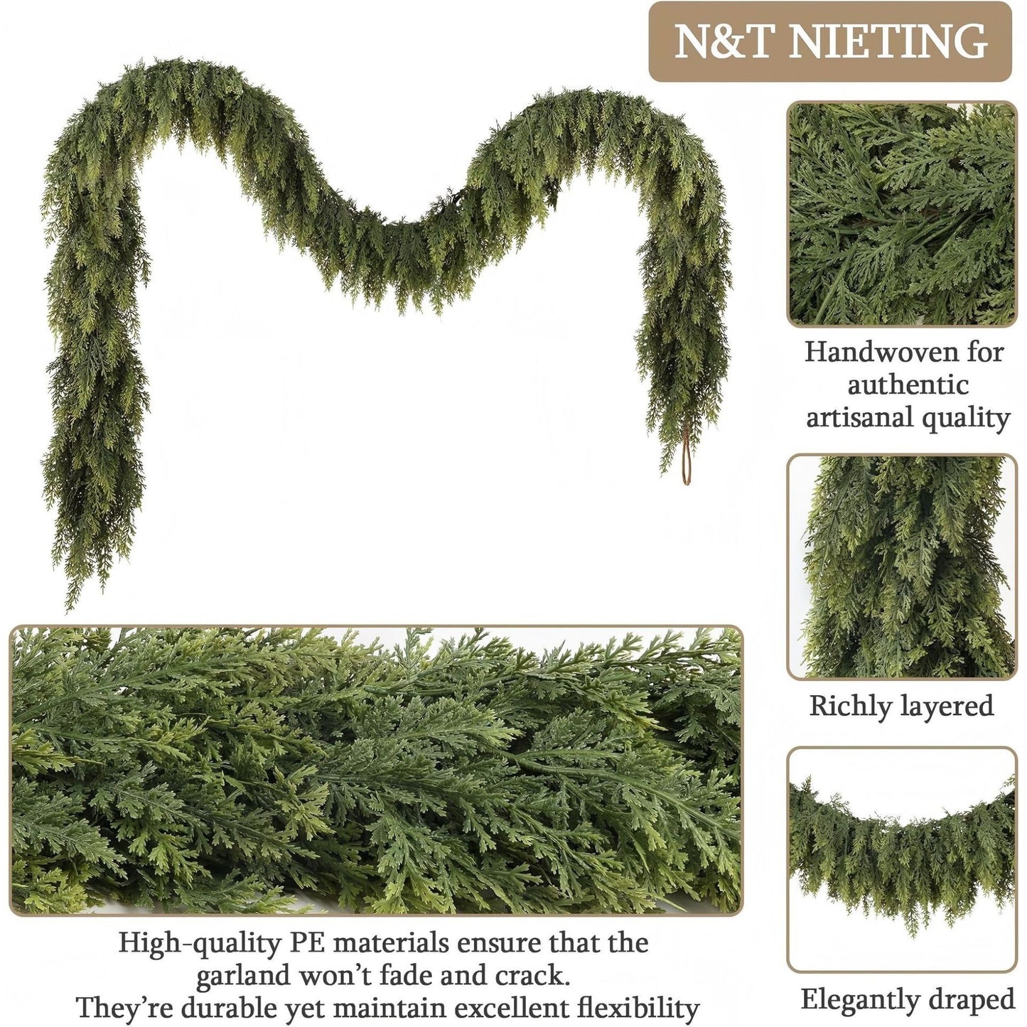 Christmas Pine Needle Garland - Soft Rubber Feel Norfolk Pine Cypress Rattan Decoration (1.5m-2.7m)