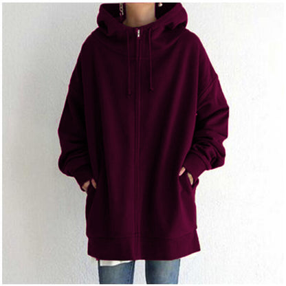 Women's Oversized Hooded Zip-Up Sweatshirt - Velvet-Lined Long Coat - DropOnline.co