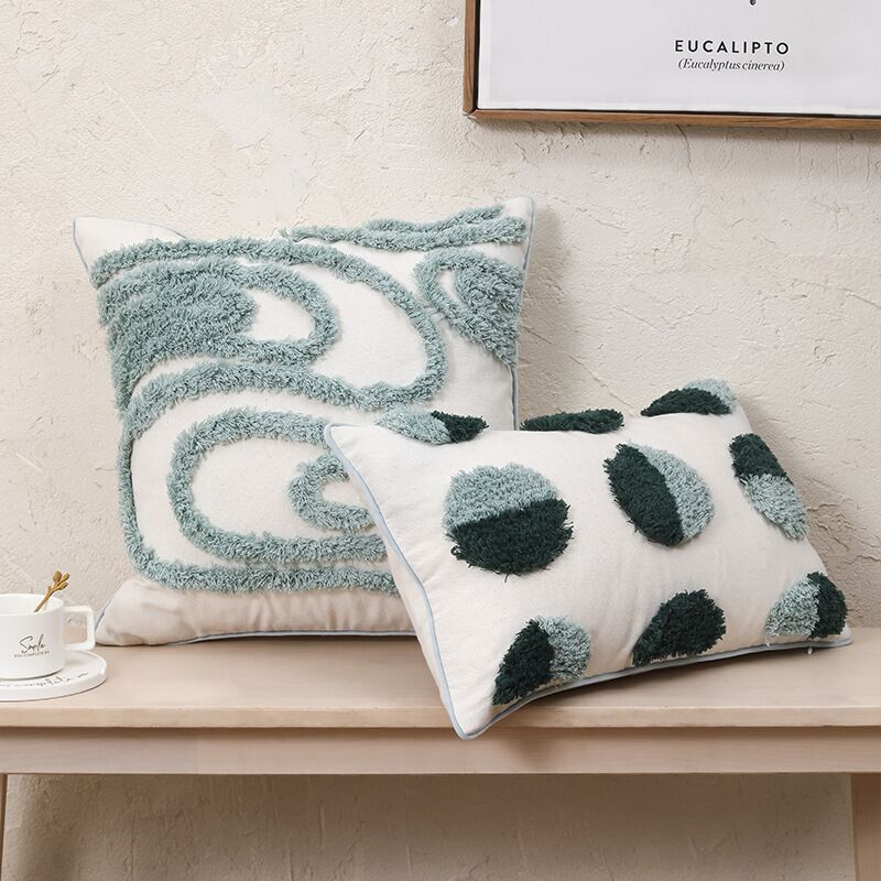 Nordic Moroccan Ins Wind Tufted Pillow Living Room Sofa Tassel Cushion Model Room Pure Cotton Pillowcase Green