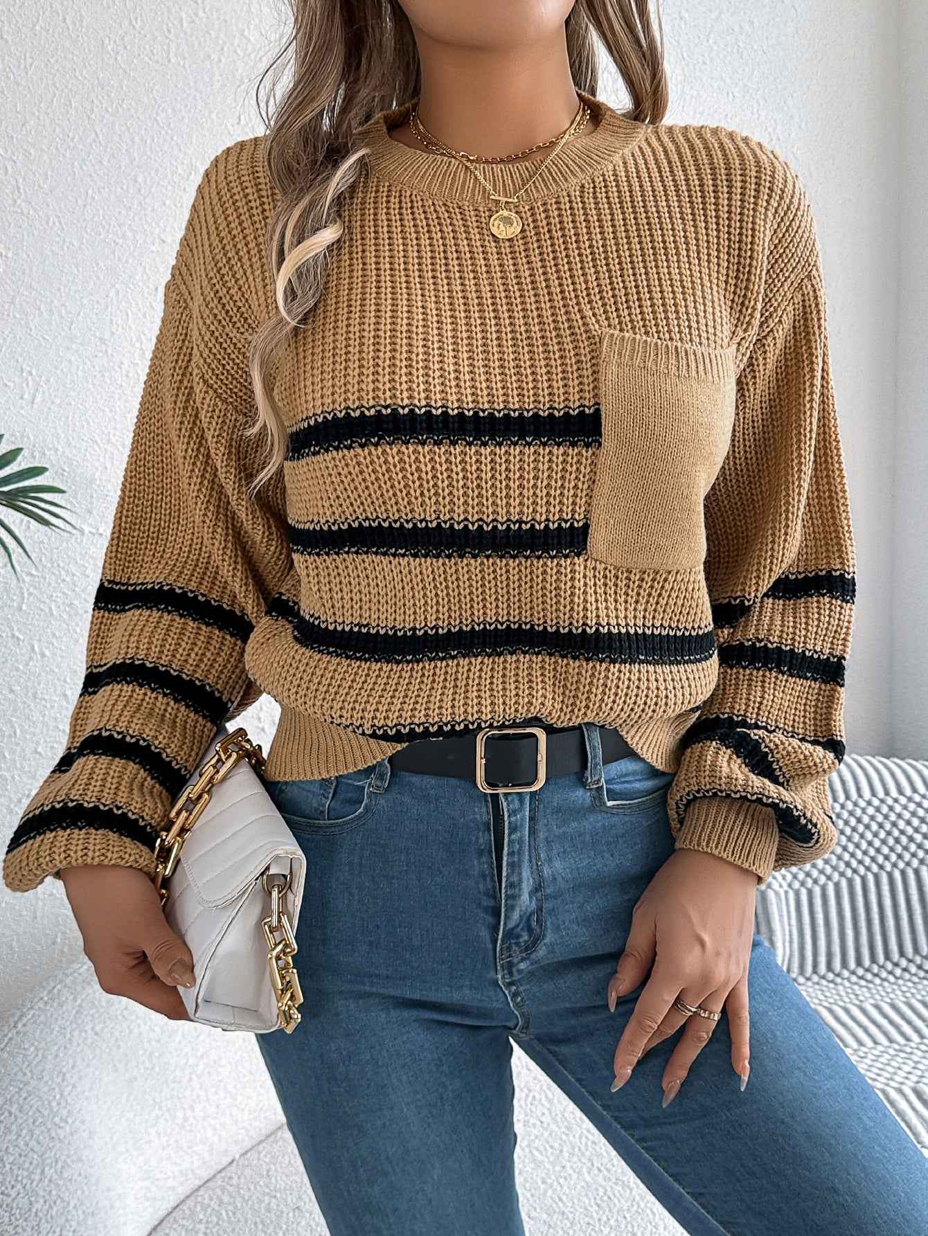Women Casual Color Block Stripe Lantern Sleeve Pullover Sweater