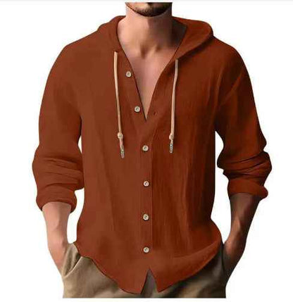 Cotton And Linen Shirt Hooded Sweater Button Long Sleeve