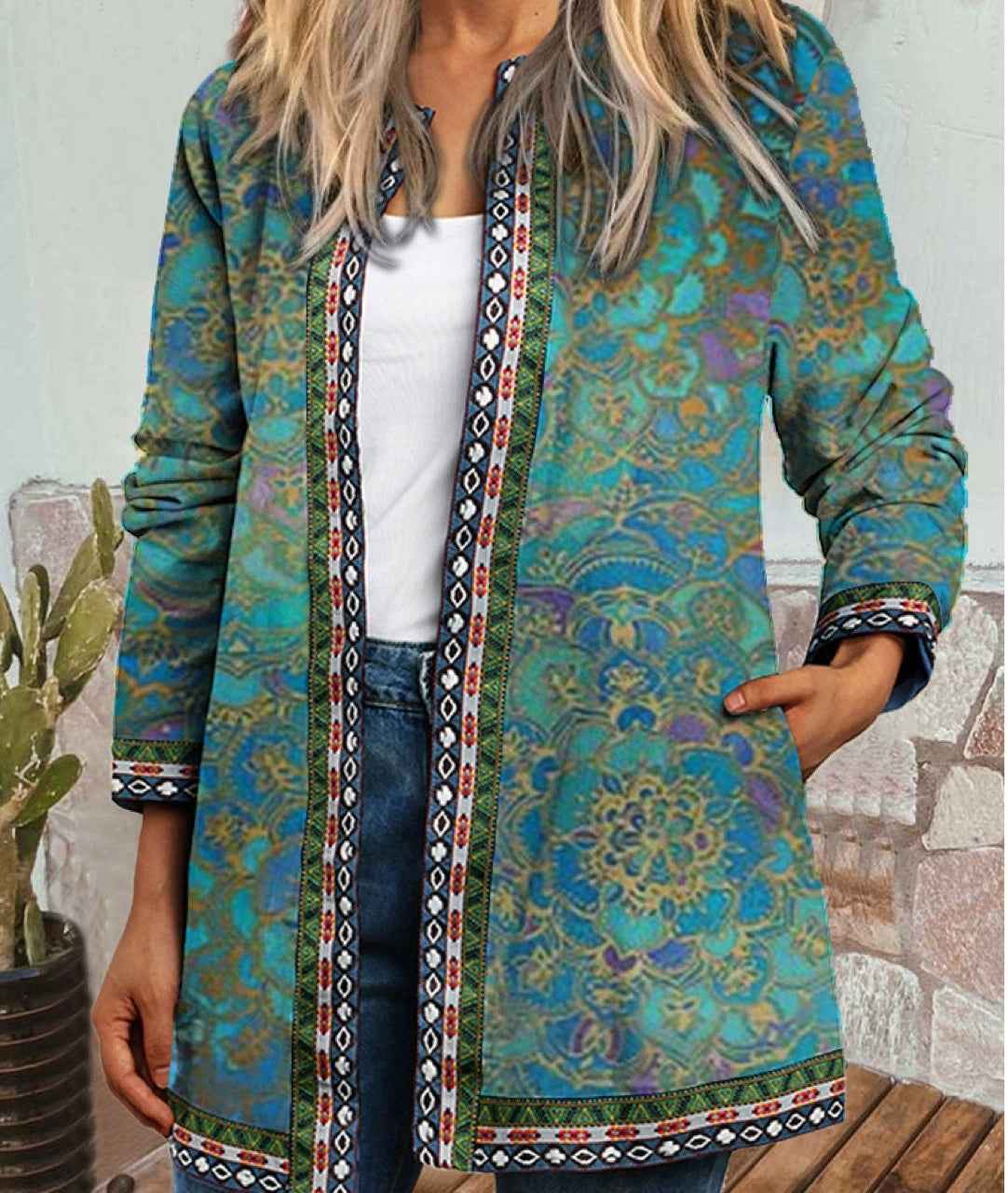 Retro Ethnic Style Printed Long-sleeve Sweatshirt Cardigan Jacket For Women