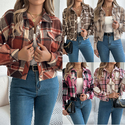 Autumn And Winter Casual Plaid Pocket Long Sleeve Woolen Jacket Coat - DropOnline.co