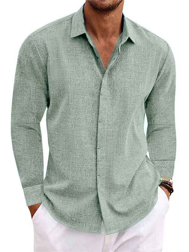 Men's Long Sleeve Cotton Linen Undershirt - Solid Color T-Shirt