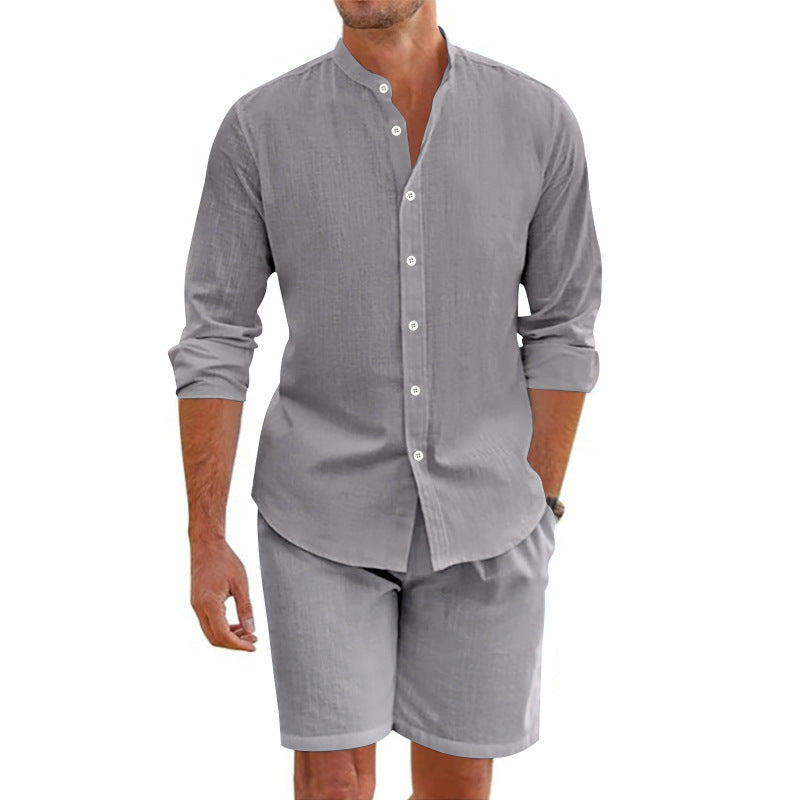 Men's Summer Short Shirt Suit Set - Beach Clothing with Drawstring Shorts