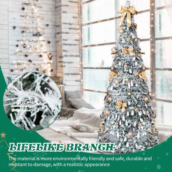 6 FT Snow Flocked Pre-lit Pop Up Christmas Tree with 100 Warm Lights & Ornaments
