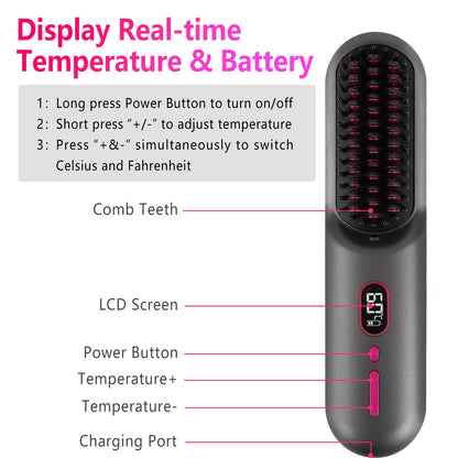 Grey-Black Options -- 1Pc Cordless Negative Ion Hair Straightener Brush Rechargeable Mini Styling Comb With 12 Heating Levels Anti-scald 30S Preheating 30Mins Auto Sleep LCD Display - DropOnline.co