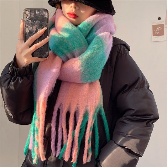 Women's Plaid Tassel Scarf - Rainbow Color-Blocking Shawl