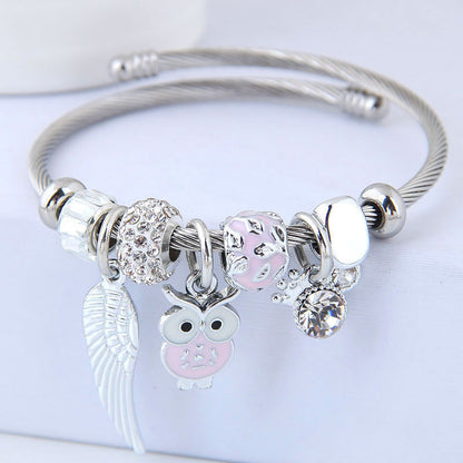 DIY Beaded Owl Angel Wings Pendant Stainless Steel Bracelet - DropOnline.co
