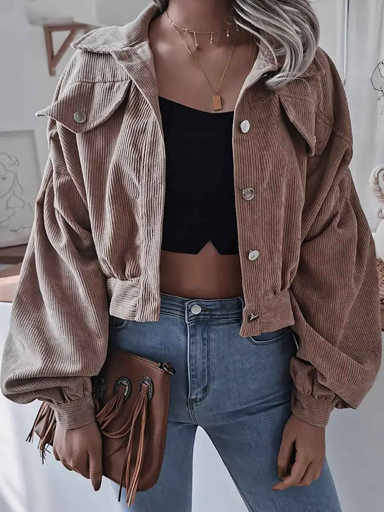 Lantern Sleeve Corduroy Casual Short Jacket