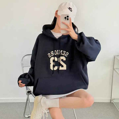Hooded Embroidery Autumn And Winter Thin Velvet Padded Loose Lazy Style Sweatshirt