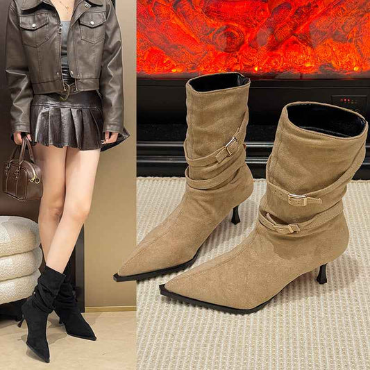 Fashionable And Versatile Pointed Toe Stiletto Heel Suede French Slim Ankle Boots