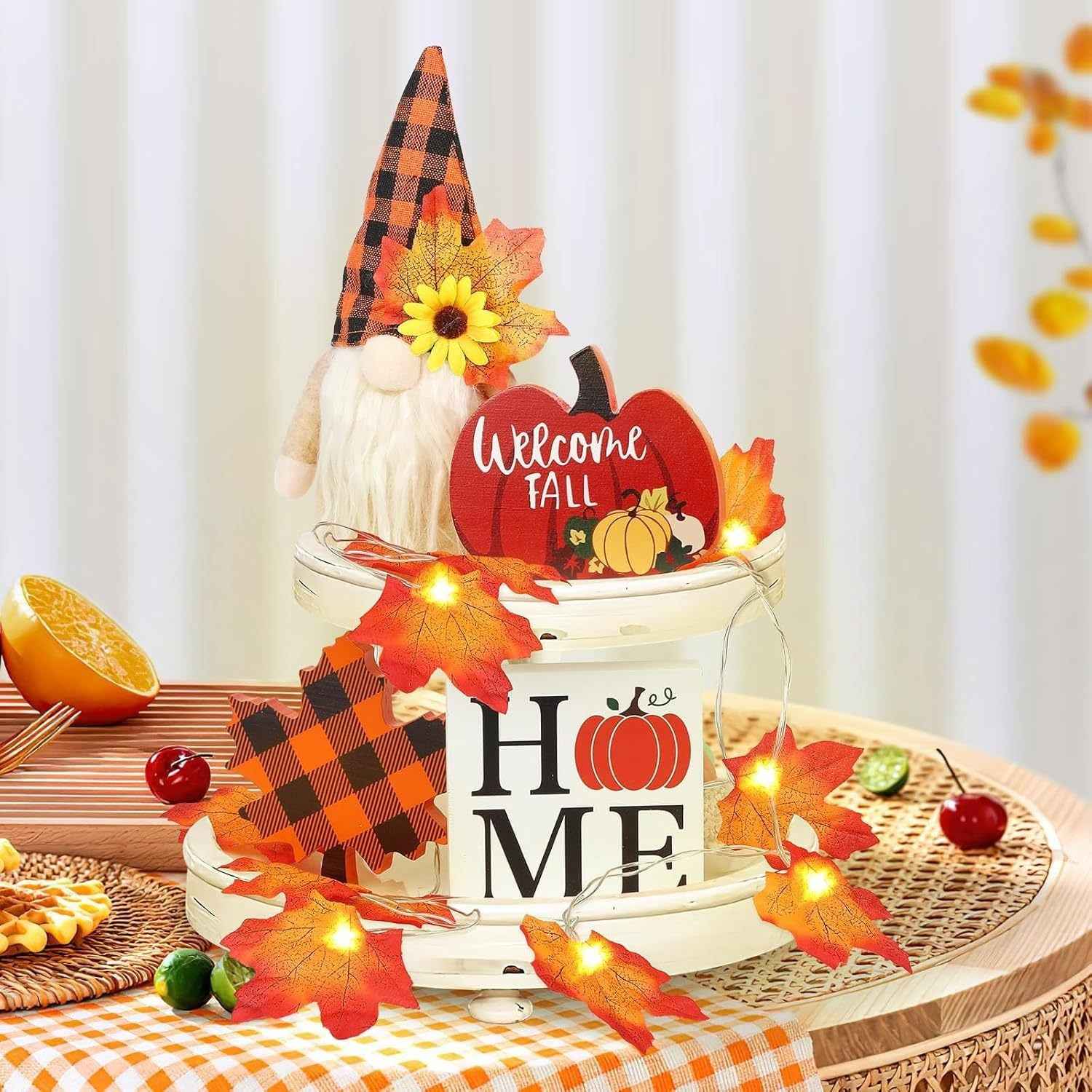 Fall Gnome Tiered Tray Decorations Set - Farmhouse Pumpkin Autumn Decor - DropOnline.co
