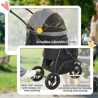 3 In 1 Pet Jogging Stroller For Small Dogs And Cats With Detachable Carrier, Storage Basket, Gray - DropOnline.co