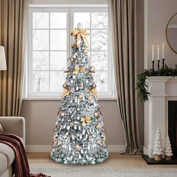 6 FT Snow Flocked Pre-lit Pop Up Christmas Tree with 100 Warm Lights & Ornaments
