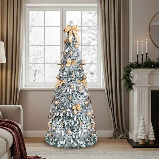6 FT Snow Flocked Pre-lit Pop Up Christmas Tree with 100 Warm Lights & Ornaments