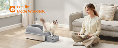 Stainless Steel Open Top Cat Litter Box — High Sided with Step, Scoop & Brush
