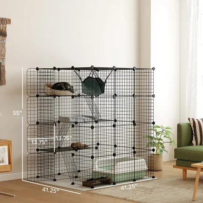 DIY 4 Tier Cat Cage Indoor With Hammock, Ramps, Jumping Platforms, Doors, Cat Enclosure For 1-3 Cats, 3 X 3 X 4, Black - DropOnline.co