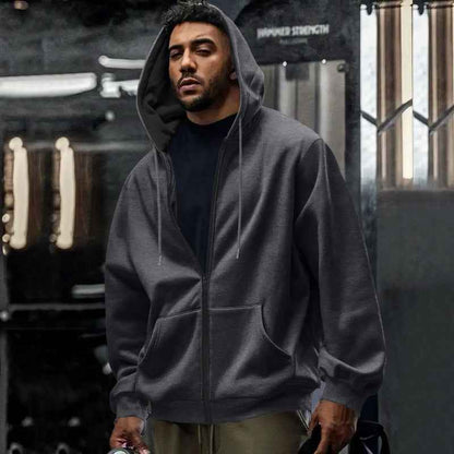 Men's Fleece-lined Loose Drawstring Hooded Zip-up Sweater