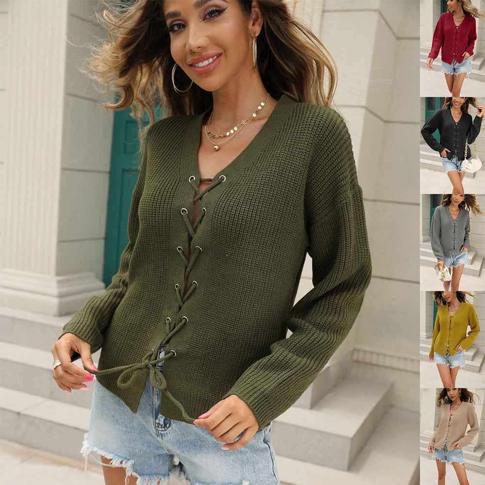 Solid Color And V-neck Hollow Out Tied Knitted Sweater