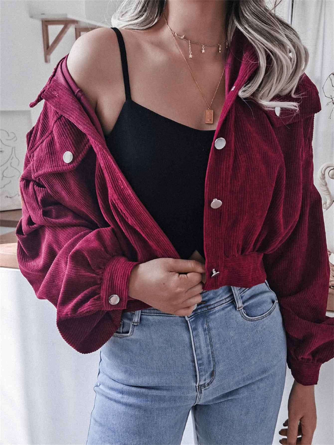 Lantern Sleeve Corduroy Casual Short Jacket