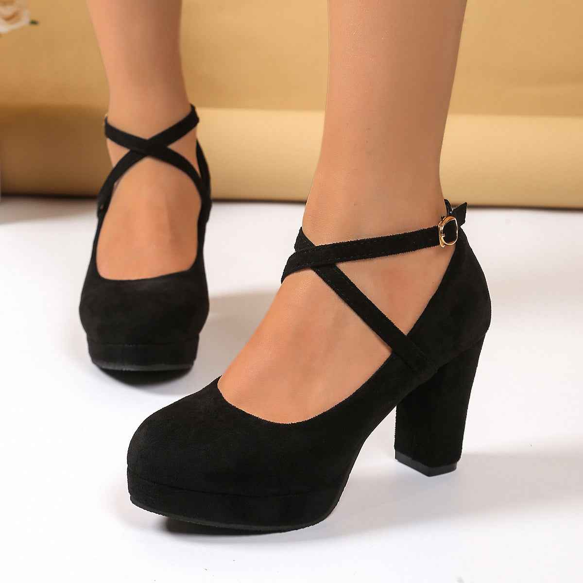 Shallow High-heel Chunky Heel Suede Cross-strap Women's Shoes