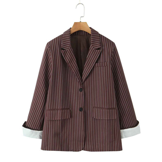 Versatile Elegant Brown Striped Loose Suit Jacket