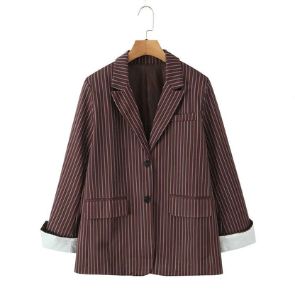 Versatile Elegant Brown Striped Loose Suit Jacket