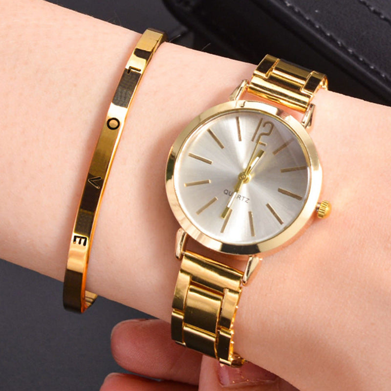 Gold Steel Band Quartz Watch - Elegant Bracelet Timepiece