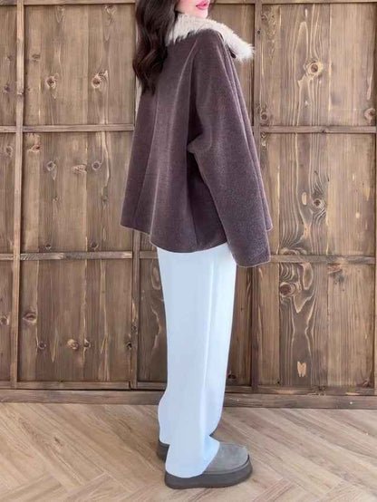 Brown Oversized Coat With White Faux Fur Collar